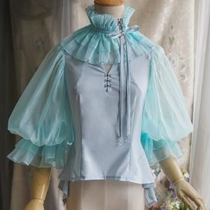 Ruffle collar sky / mint blue tailored sheer balloon puffy sleeve blouse top NWT